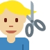 man getting haircut: medium light skin tone emoji